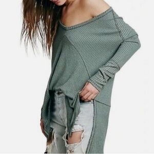 Free People Sunset Park Drippy Thermal Green S/M Oversized Waffle Knit Top